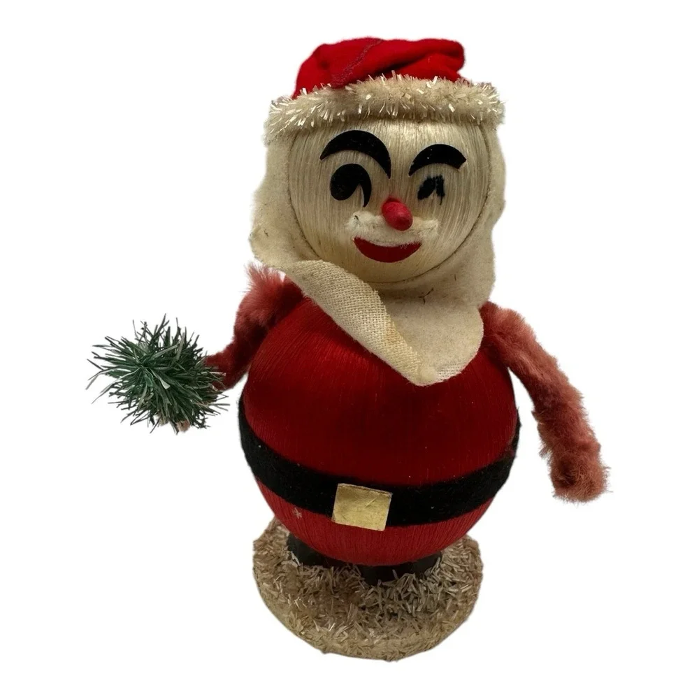 Vintage Silk Satin Ball Santa Claus‎ Christmas Figurine Chenille Felt 5.5